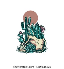 Skull with cactus, hand drawn line with digital color, vector illustration