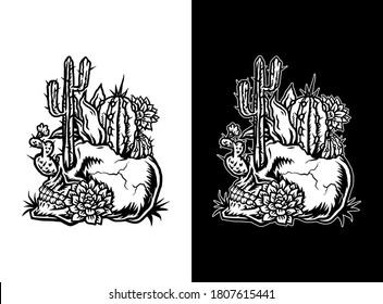 Skull with cactus, hand drawn line art vector illustration, isolated on dark and bright background