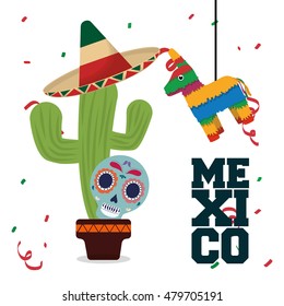 Skull cactus hat and . Mexico landmark and mexican culture theme. Colorful design. Vector illustration