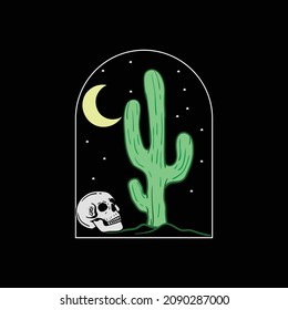 skull cactus at night illustration print on t-shirts,jacket,souvenirs or tattoo free vector