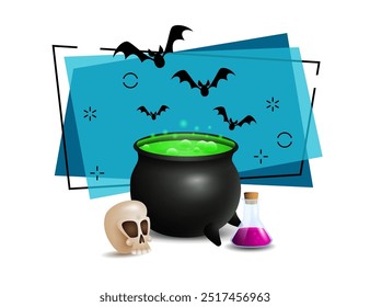 Skull, caldron with potion and flask with poison. Halloween banner design with flying bats on abstract background. Vector illustration can be used for invitations, posters, postcards