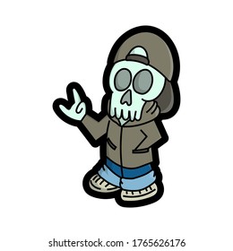 The skull is calmly standing with his hands showing the symbol of peace, good for stickers, t shirts, print, cartoon, gravity art, hip hop