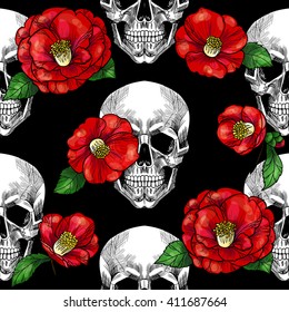 Skull and camellia on black background  .Vector seamless pattern