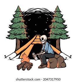 Skull camping at night illustration