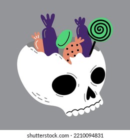 Skull With Candies. Hand Drawn Halloween Illustration