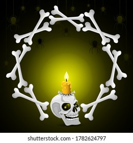 
Skull with candle and bones on black background.