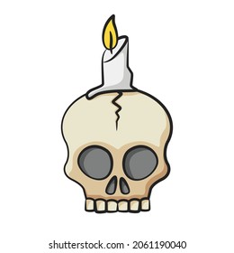 Skull with candle for ceremony in drawing style isolated vector. Halloween cartoon on white background.