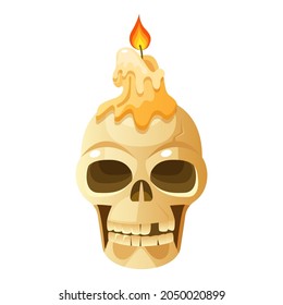Skull candle. Human skull with a candle. Halloween symbol. Human skull candlestick. Vector cartoon isolated on white background