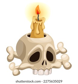 Skull candle  Human skull and candle  Halloween symbol  Human skull candlestick  Vector cartoon isolated