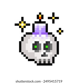 Skull with candle isolated on transparent background. Halloween decoration. Human skull candlestick icon. Vector pixel art illustration in 16 bit old style.