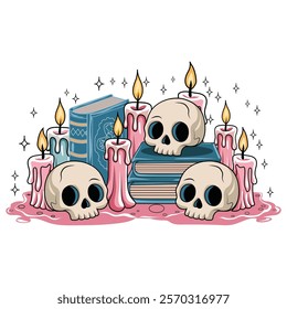 Skull and candle with magic book and spooky book on vector art design.