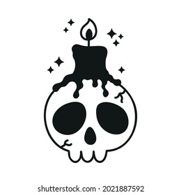 Skull with candle. Mystical occult object for black magic ritual. Cute witchy vector iluustration. Black and white colors