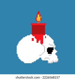Calavera con arte en píxeles de vela. 8 bits vela mágica para el ritual. accesorio de bruja pixelado