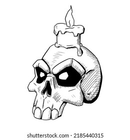 Skull with a candle. Vector illustration isolated on a white background. Hand-drawn style.