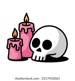 Skull and candles cartoon illustration for Halloween or gothic design