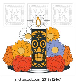 Velas de calavera y flores de cempasuchil o marygold. Día del concepto muerto dia de los muertos.
Velas fantasmas y flores de oro. Día del concepto muerto dia de los muertos. Día de los muertos. 2308