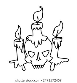 Skull with Candles Halloween vector illustration. Candles melting on a skull in doodle outline line art style