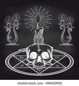 Skull and candles on chalckboard vector illustration. Occult design chalk sketch