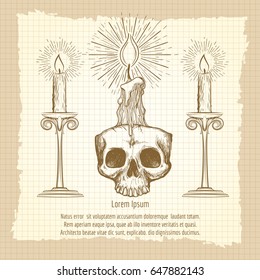 Skull and candles on vintage notebook page. Occult design vector illustration