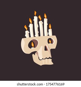 Candelabro cráneo con vela quemante. Elemento de diseño para el Día de los Muertos de Halloween u otro. Ilustración vectorial.