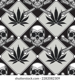 skull with cannabis leaves checkered pattern background, image punk background, street comic art, textile fashion, artwork for fabric print, clothes, handkerchief or banner website