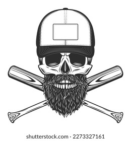 Skull in cap with beard and mustache with baseball bat club emblem design elements template in vintage monochrome style isolated vector illustration