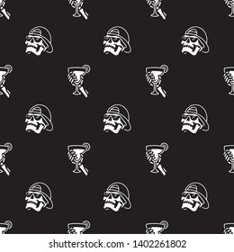 SKULL IN CAP WITH COCKTAIL SEAMLESS PATTERN BLACK BACKGROUND
