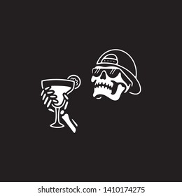 SKULL IN CAP WITH COCKTAIL WHITE BLACK BACKGROUND