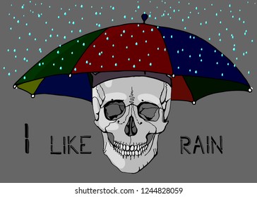 Skull in a cap in the form of an umbrella.  Weather. Hand drawn style print.  Postcard, card, poster design, website design, logo, banner. Vector