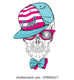 Skull in cap and glasses. Hipster. Vector illustration for greeting card, poster, or print on clothes.