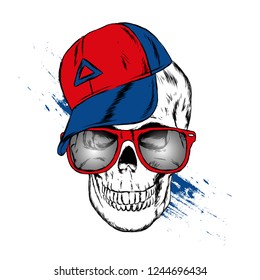 Skull in a cap and glasses. Vector illustration for greeting card or poster, print on clothes.