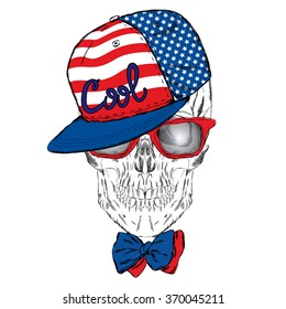 Skull in cap and glasses. Vector illustration for greeting card, poster, or print on clothes.