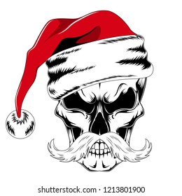 Skull in the cap of Santa Claus with a mustache.