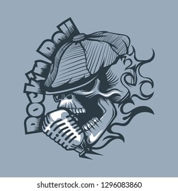 Skull in a cap singing into the microphone. Tattoo style.