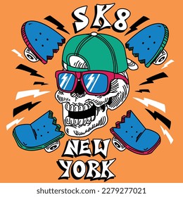 SKULL WITH CAP AND SUNGLASSES AND SKATEBOARD SPLIT IN HALF