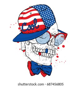 Skull in a cap and sunglasses. Vector illustration for a postcard or a poster, print for clothes. Dotwork.