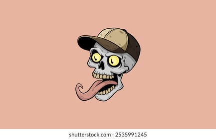 Skull with cap, wide eyes, and tongue sticking out.