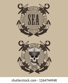 Skull captain anchors with banner and text. Sea theme