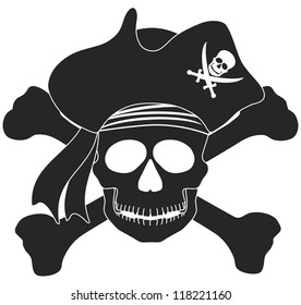 Skull with Captain Pirate Hat and Cross Bones Black and White Vector Illustration