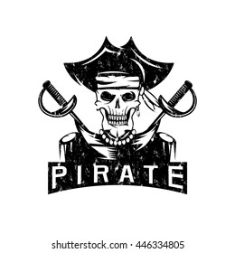 skull captain pirate in hat with swords grunge vector design template