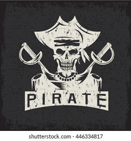 skull captain pirate in hat with swords grunge vector design template