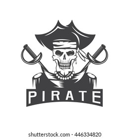 skull captain pirate in hat with swords vector design template