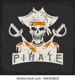 skull captain pirate in hat with swords grunge vector design template