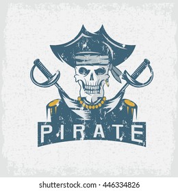 skull captain pirate in hat with swords grunge vector design template