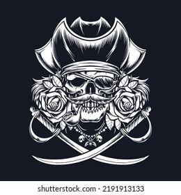 skull captain pirate with sword illustration