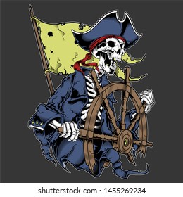 skull Captain of pirate in wheel isolated.