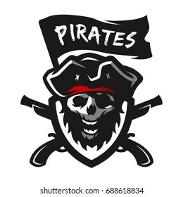 Skull of captain of pirates, flag and weapon. Logo, emblem.