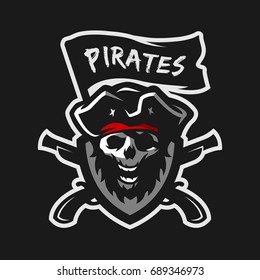 Skull of captain of pirates, flag and weapon. Logo, emblem on a dark background.