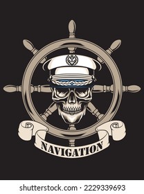 skull captain with ship wheel and banner vector illustration