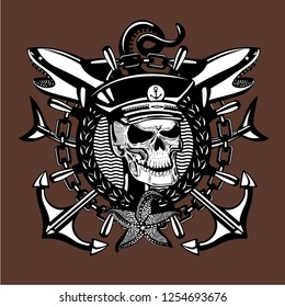 Skull captain. Vintage style sailor tattoo with dead seaman.